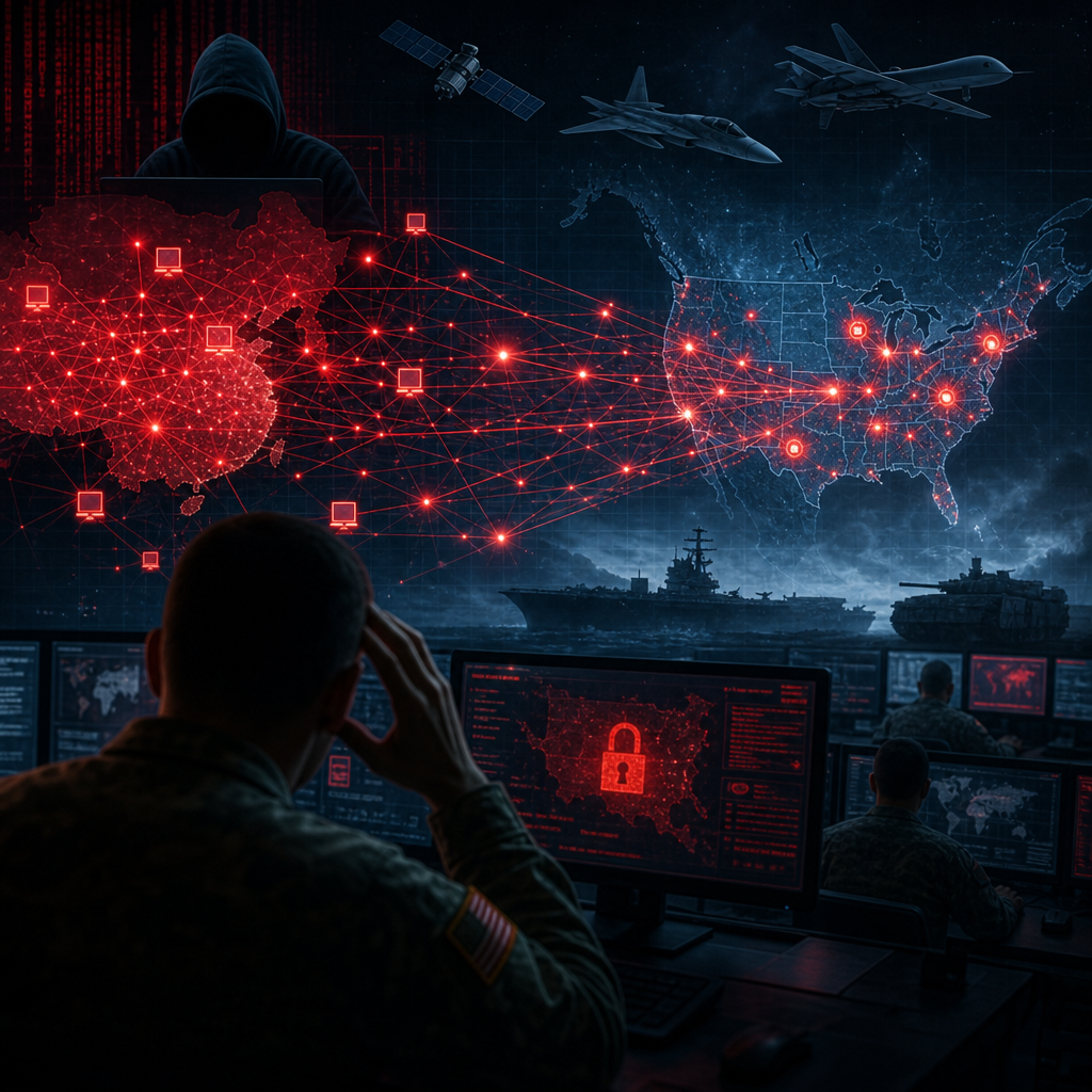 Illustration of a botnet command structure with a red-lit network map connecting compromised nodes