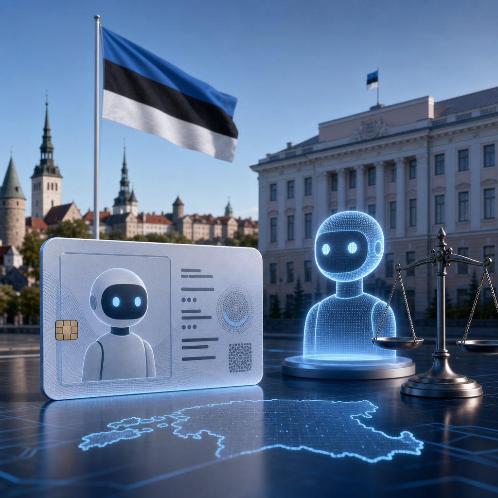 Illustration of an AI agent identity card alongside a digital figure and scales of justice, representing Estonia’s proposal for state-issued IDs for AI agents